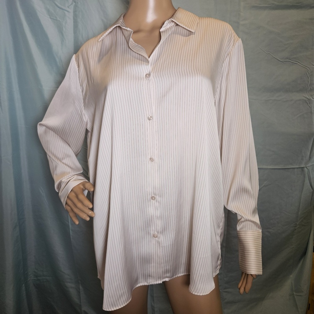Cupcakes and Cashmere Womens Large Cream Tan Pinstripe Button Down Blouse Shirt
